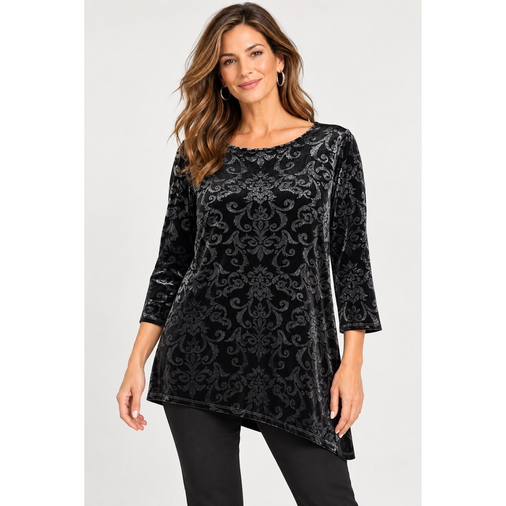 Chico's Women Black Velvet Tunic Size 0 Small Damask Silver Asymmetrical Evening